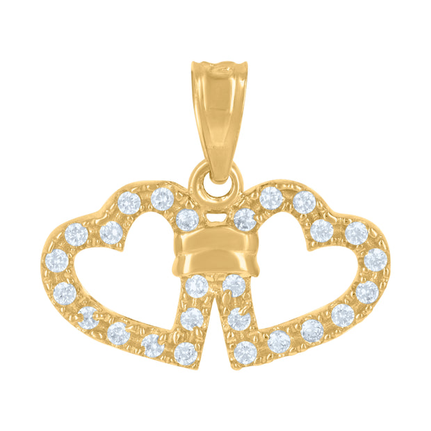 10kt Two-Tone Gold Womens Cubic Zirconia Cubic-Zirconia Double Heart Charm Pendant