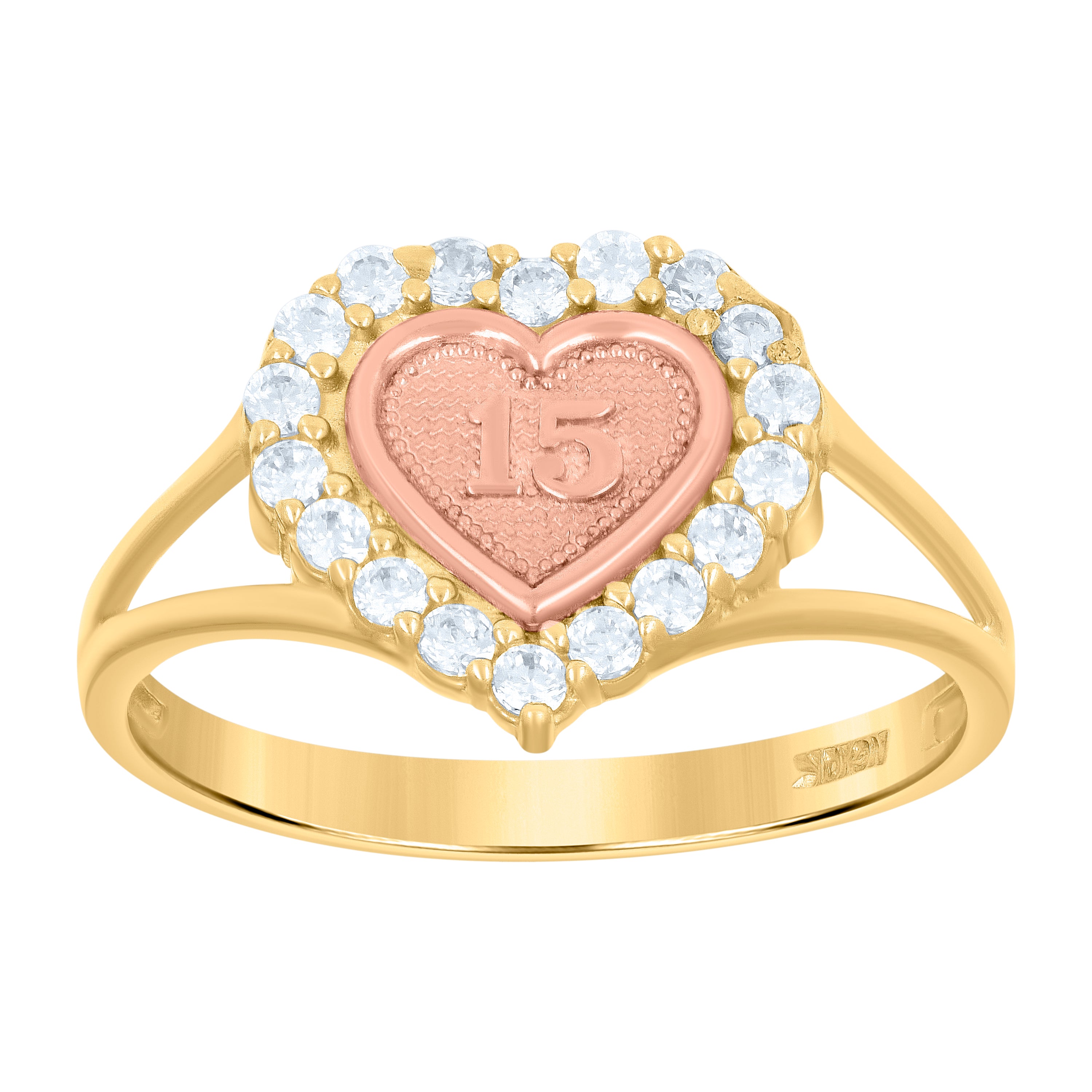 10kt Gold Tri-Color CZ Girls 15 Anos Heart Quinceanera Band Ring
