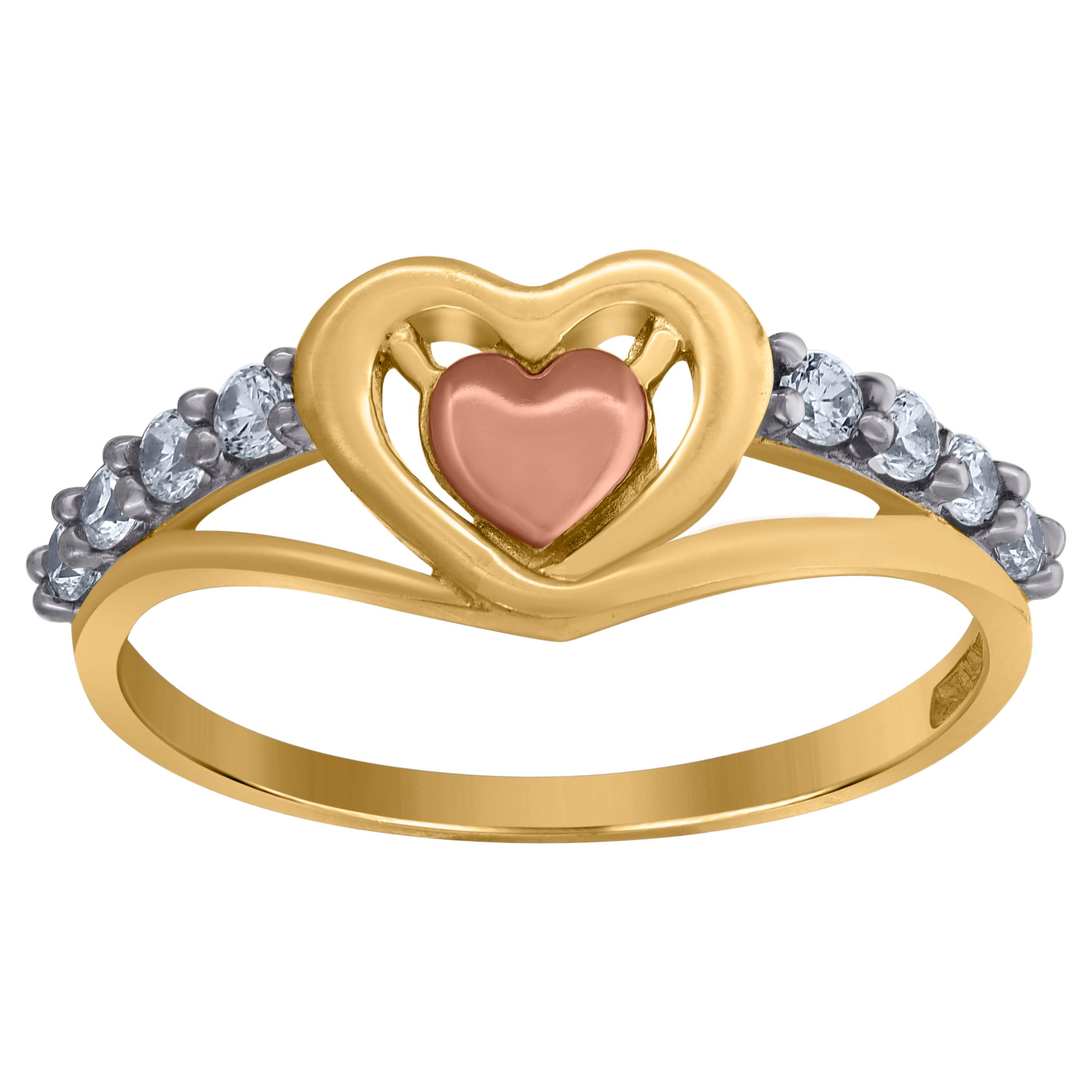 10kt Gold Womens Tri-Color CZ 2mm Heart Band Ring