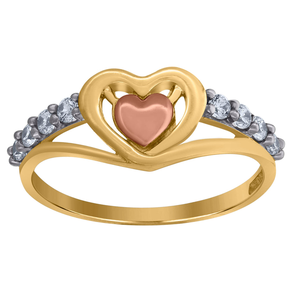 10kt Gold Womens Tri-Color CZ 2mm Heart Band Ring