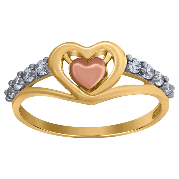 10kt Gold Womens Tri-Color CZ 2mm Heart Band Ring