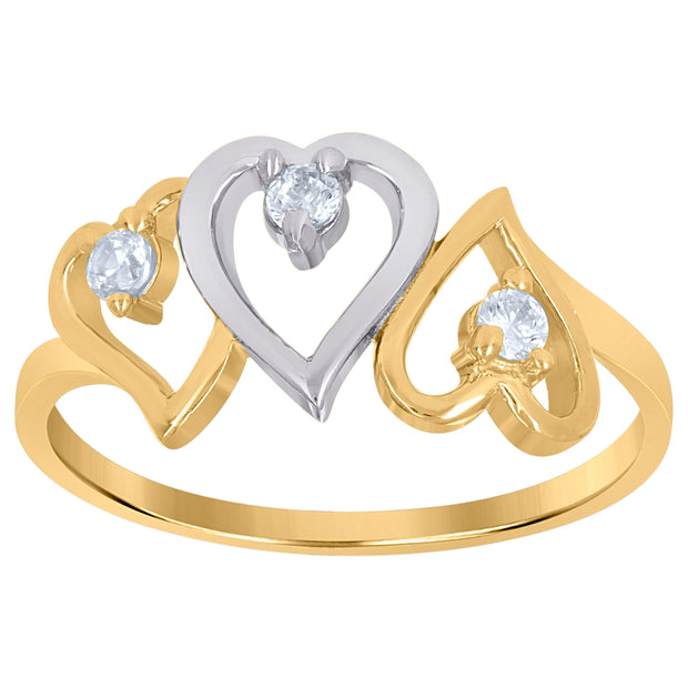 10kt Gold Womens Two-Tone CZ Three Heart Band Ring