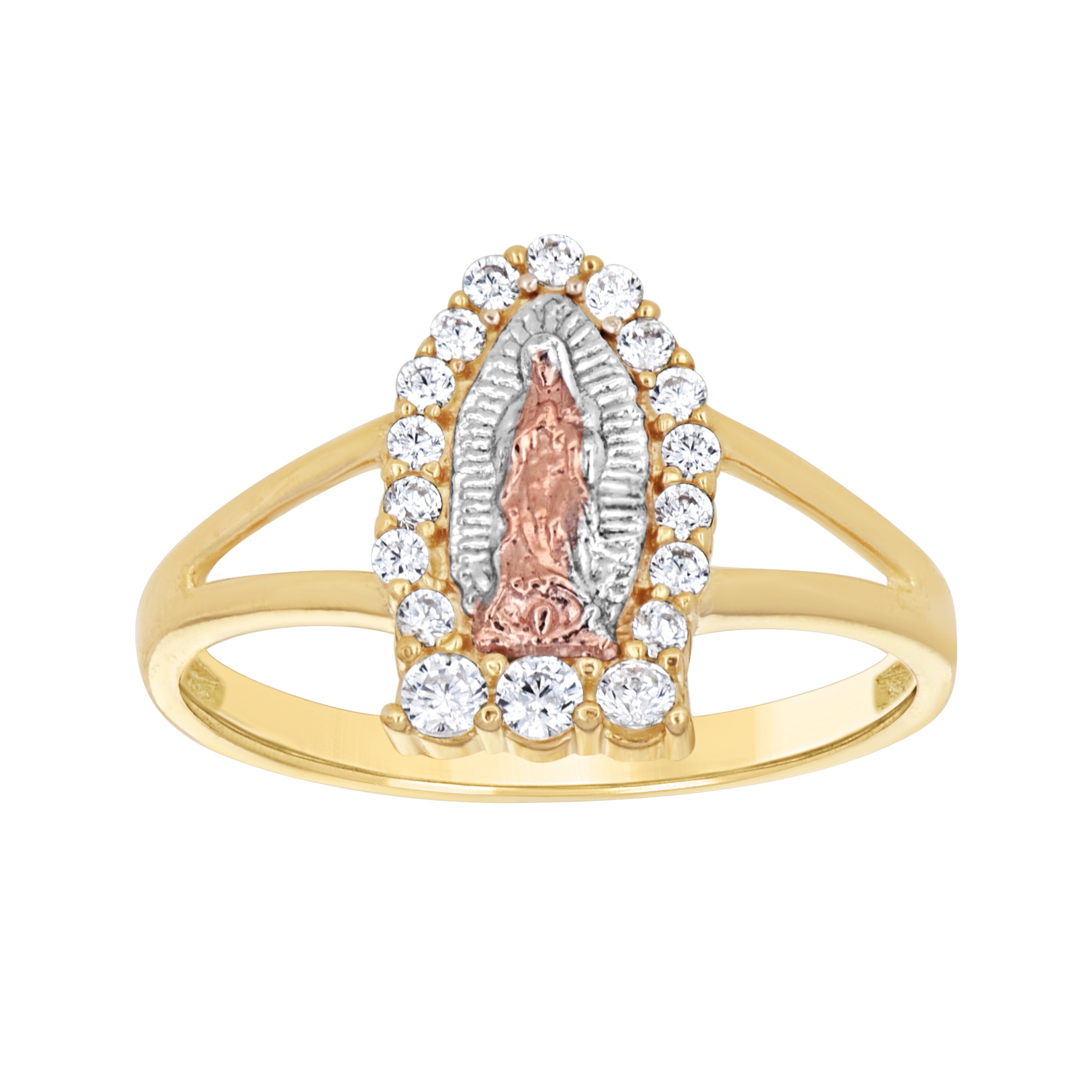 10Kt Tri-Color Gold Womens Round Cubic Zirconia Lady Of Guadalupe Religious Ring 