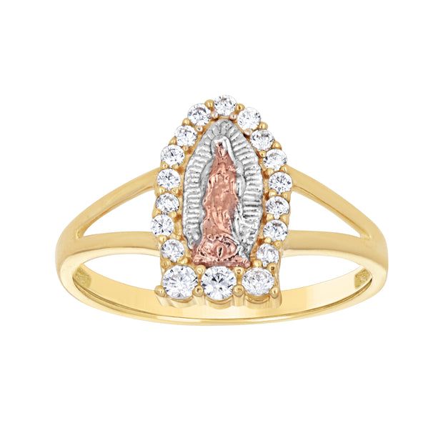 10Kt Tri-Color Gold Womens Round Cubic Zirconia Lady Of Guadalupe Religious Ring 