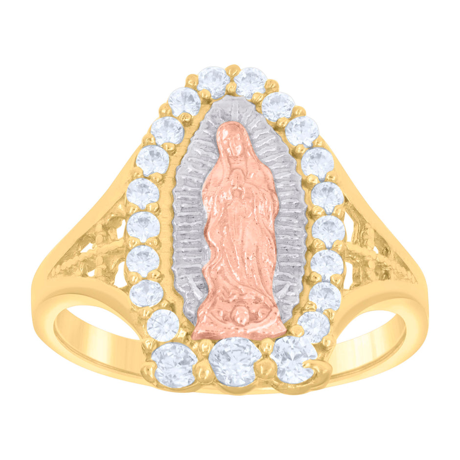 10Kt Tri-Color Gold Womens Round Cubic Zirconia Lady Of Guadalupe Religious Ring 