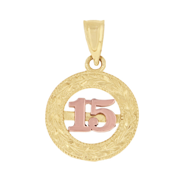 10kt Gold Tri-Color Diamond-Cut Womens 15 Anos Quinceanera Charm Pendant