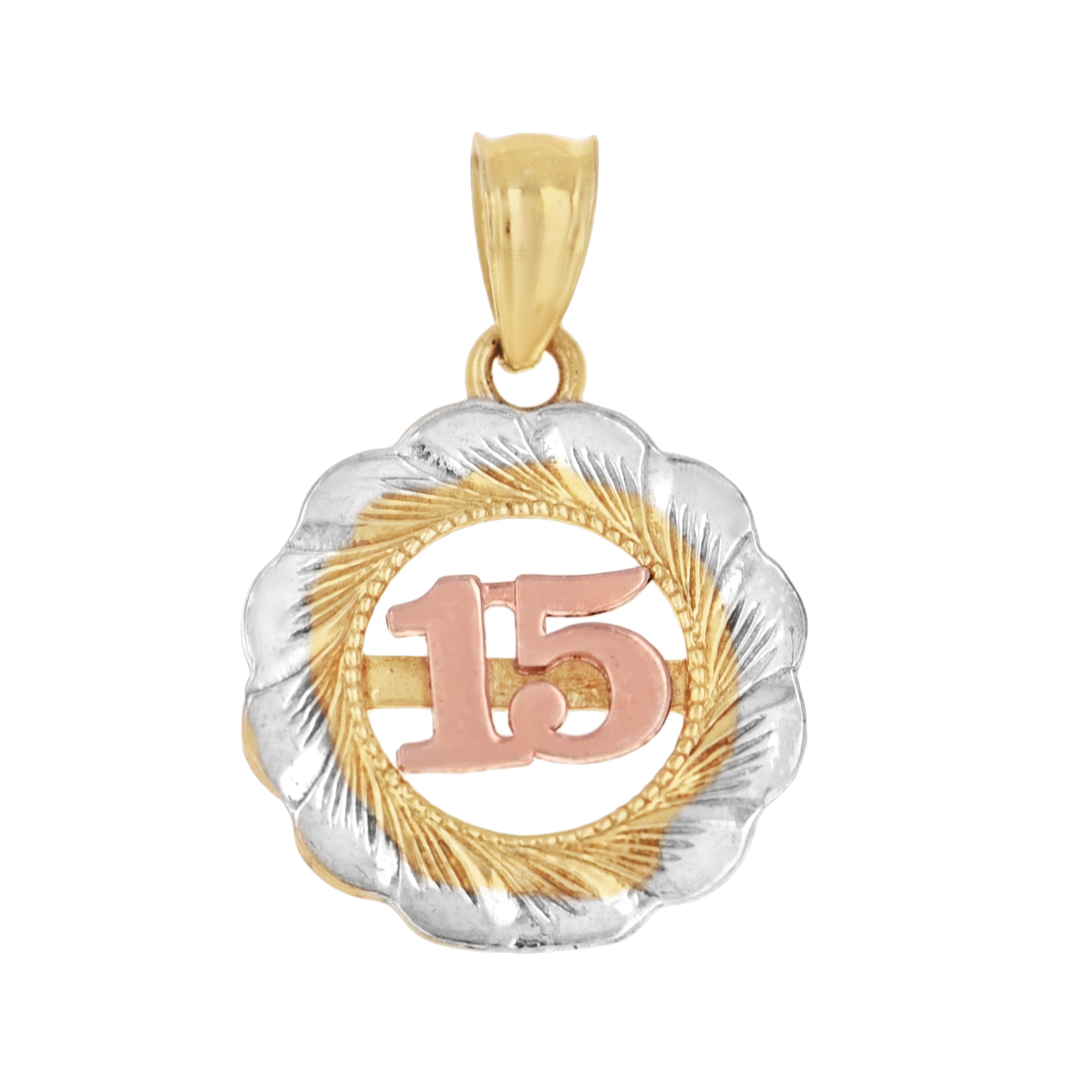10kt Gold Tri-Color Diamond-Cut Womens 15 Anos Quinceanera Charm Pendant