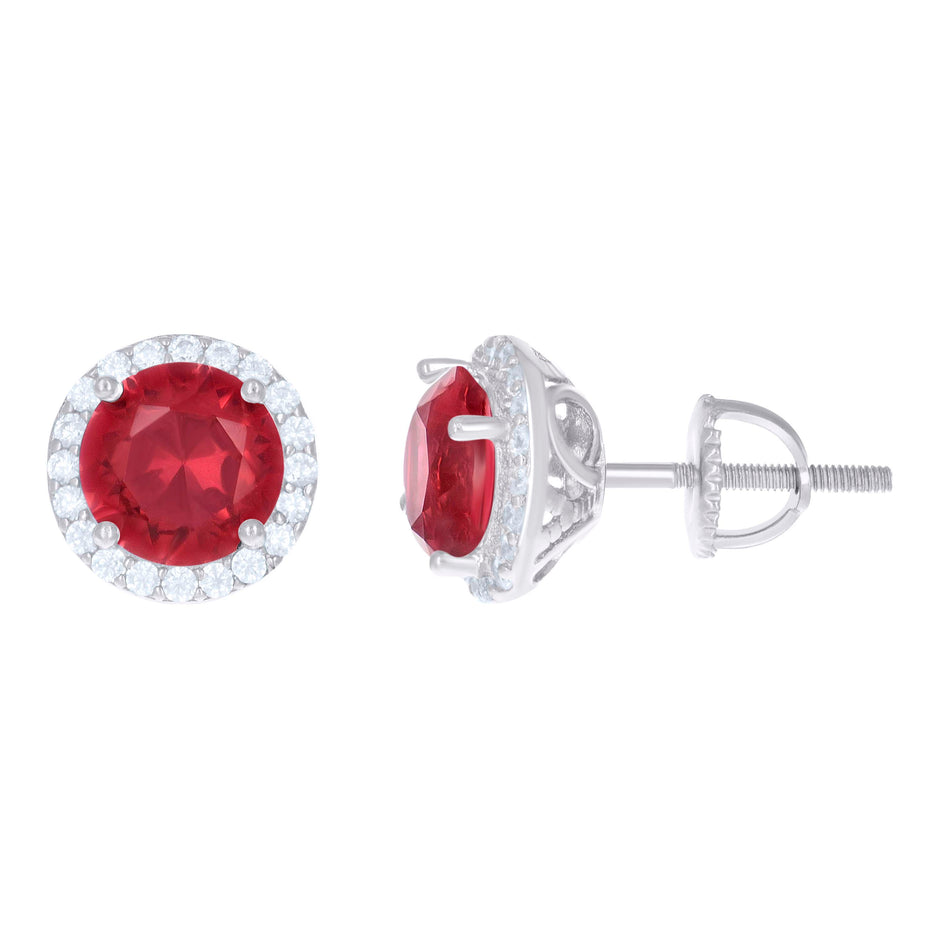 925 Sterling Silver Womens Red Cubic Zirconia Halo Round Stud Earrings