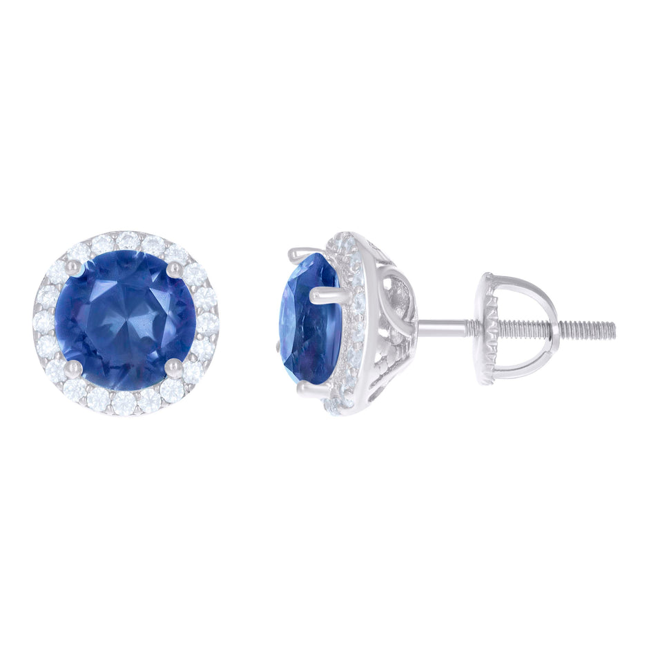 925 Sterling Silver Womens Royal Blue Cubic Zirconia Halo Round Stud Earrings