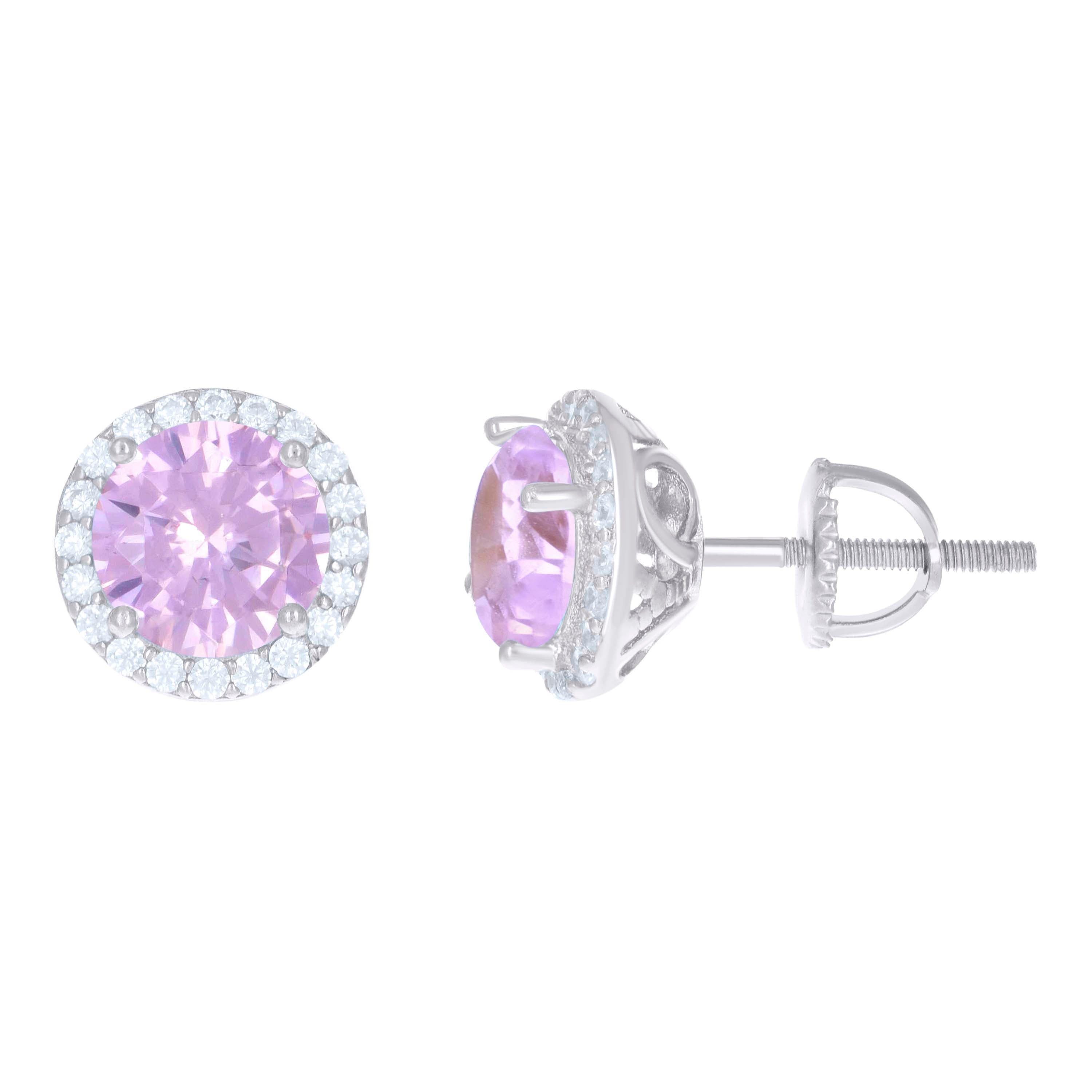 925 Sterling Silver Womens Pink Cubic Zirconia Halo Round Stud Earrings