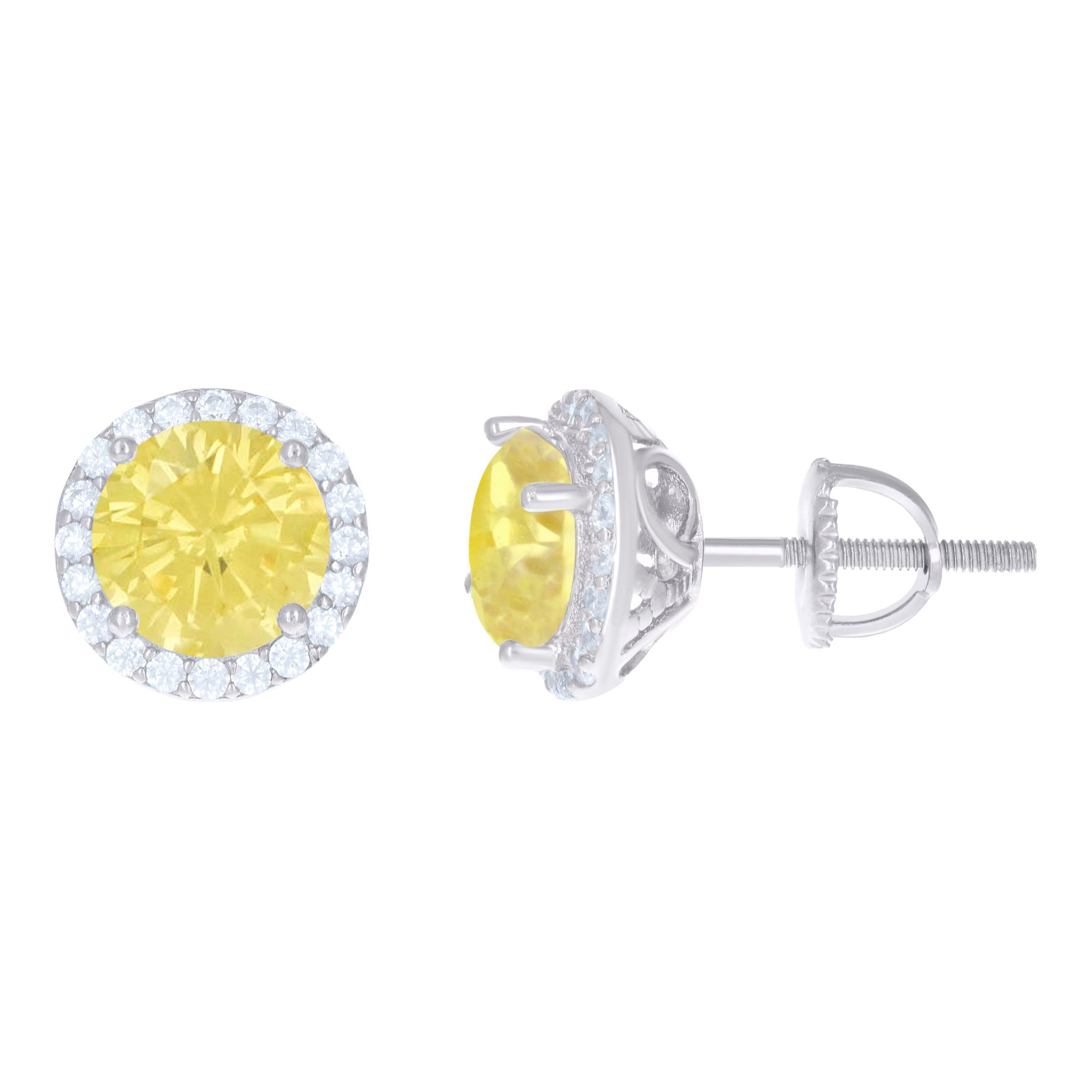 925 Sterling Silver Womens Yellow Cubic Zirconia Halo Round Stud Earrings