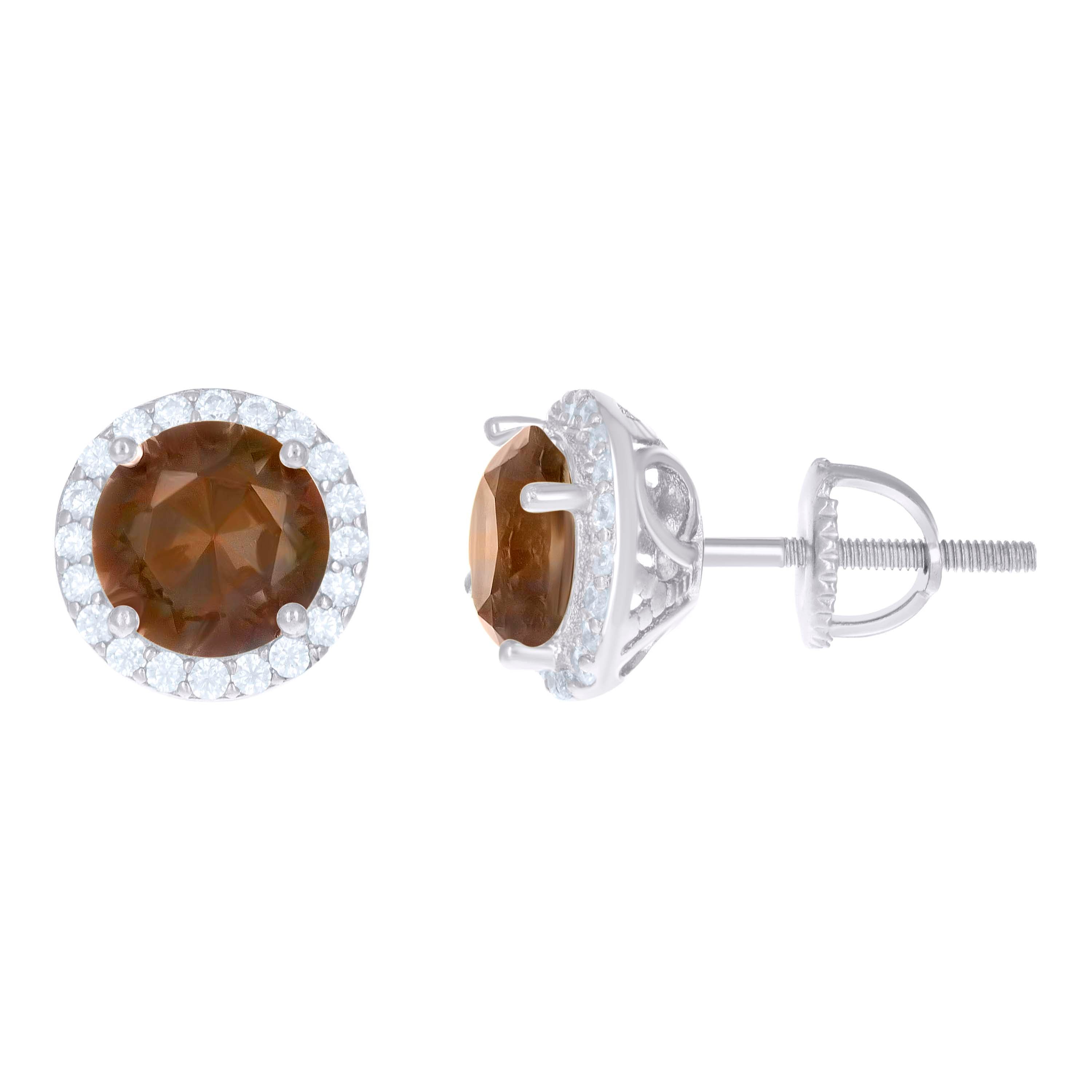 925 Sterling Silver Womens Brown Cubic Zirconia Halo Round Stud Earrings