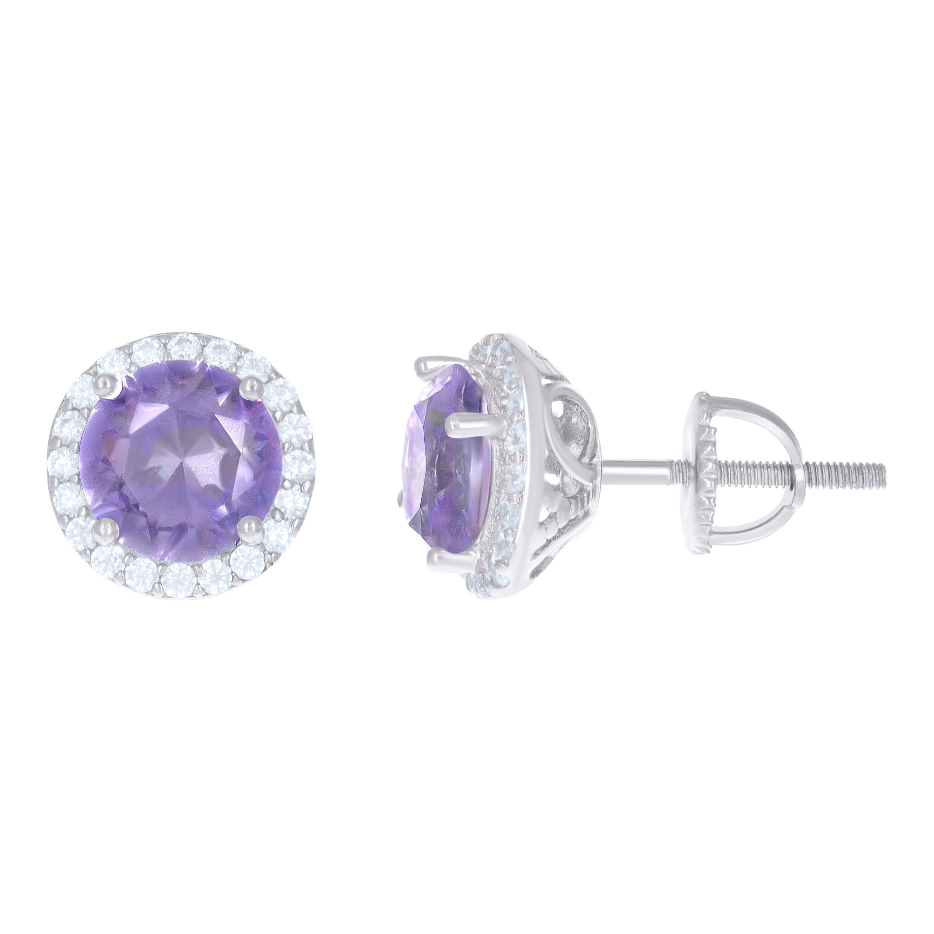 925 Sterling Silver Womens Purple Cubic Zirconia Halo Round Stud Earrings