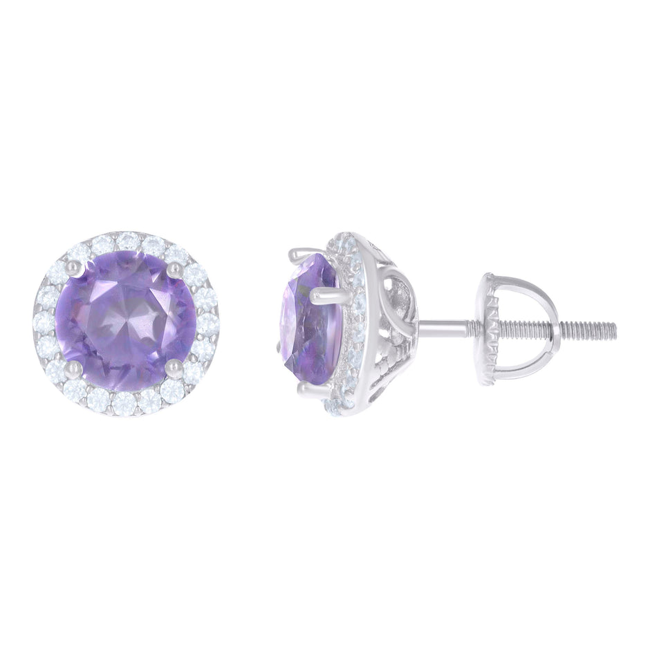 925 Sterling Silver Womens Purple Cubic Zirconia Halo Round Stud Earrings