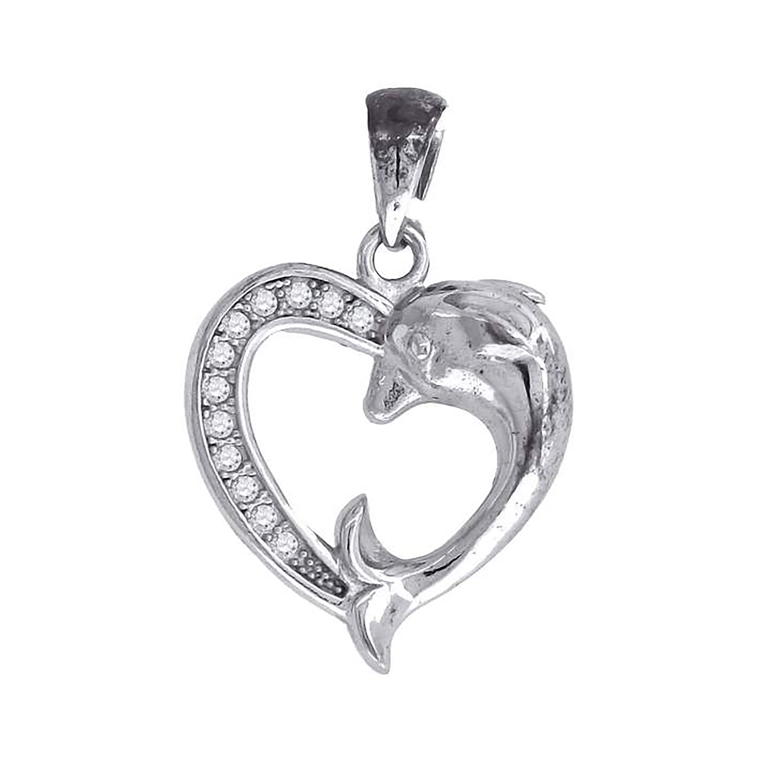 925 Sterling Silver Womens Cz Dolphin Heart Charm Pendant