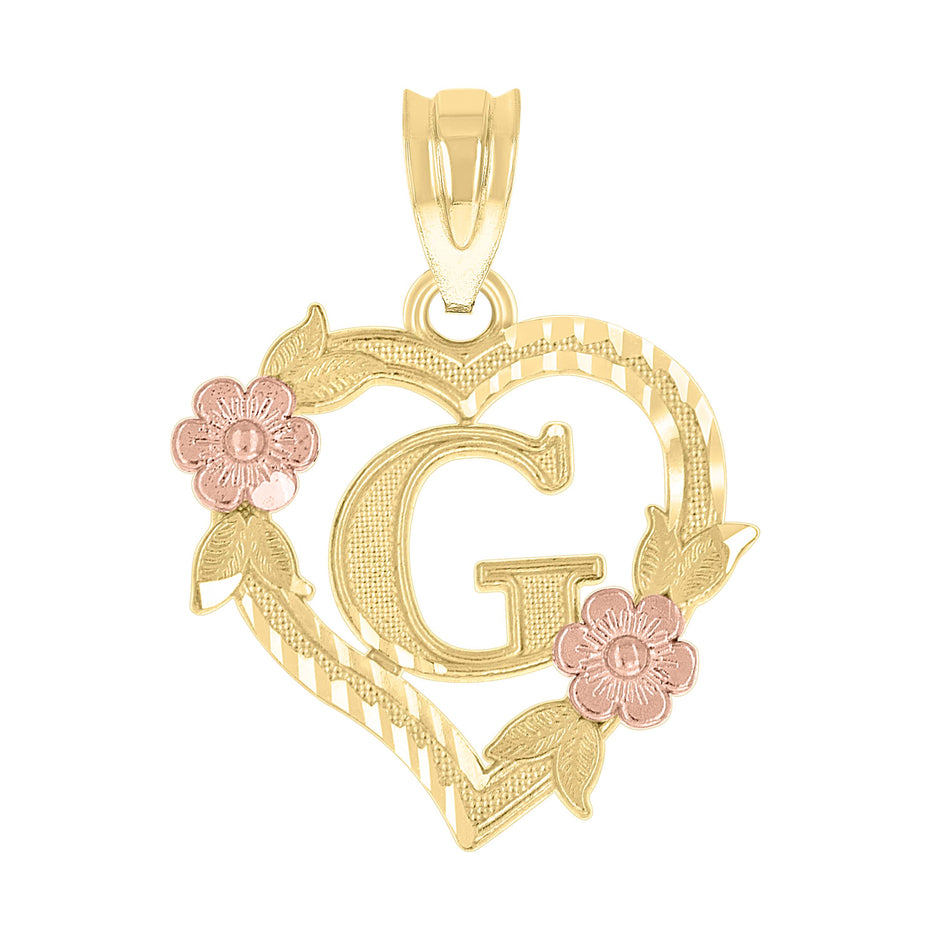 10kt Two-Tone Gold Womens Heart Flower Initial Letter G Charm Pendant