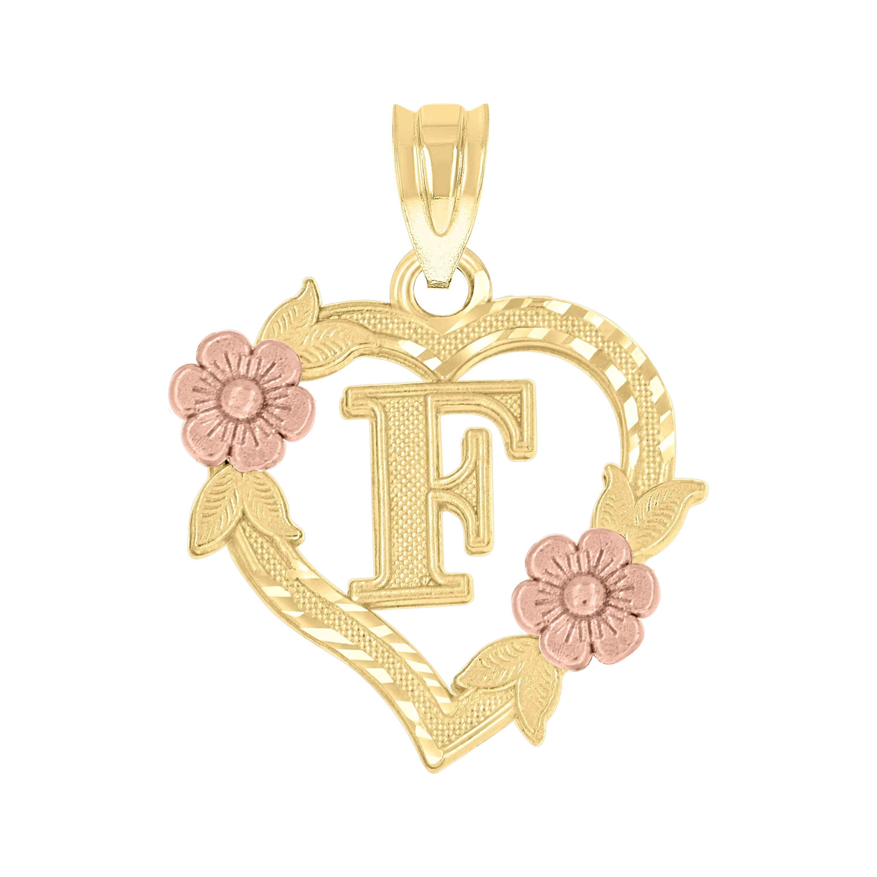 10kt Two-Tone Gold Womens Heart Flower Initial Letter F Charm Pendant