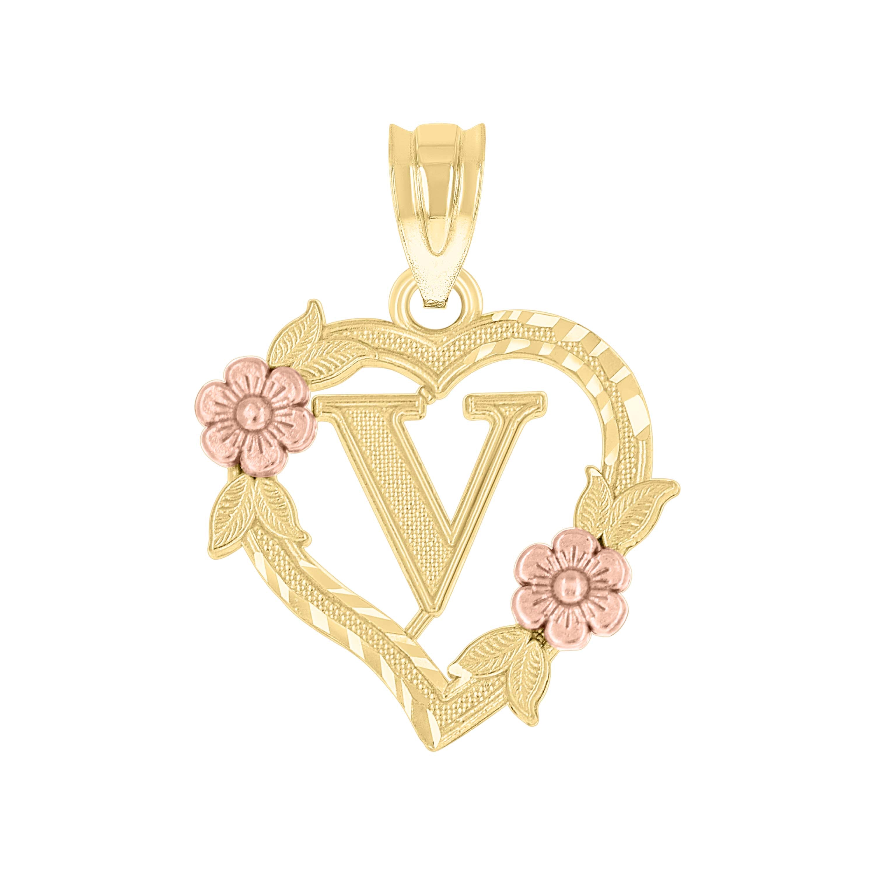 10kt Two-Tone Gold Womens Heart Flower Initial Letter V Charm Pendant