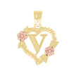 10kt Two-Tone Gold Womens Heart Flower Initial Letter V Charm Pendant