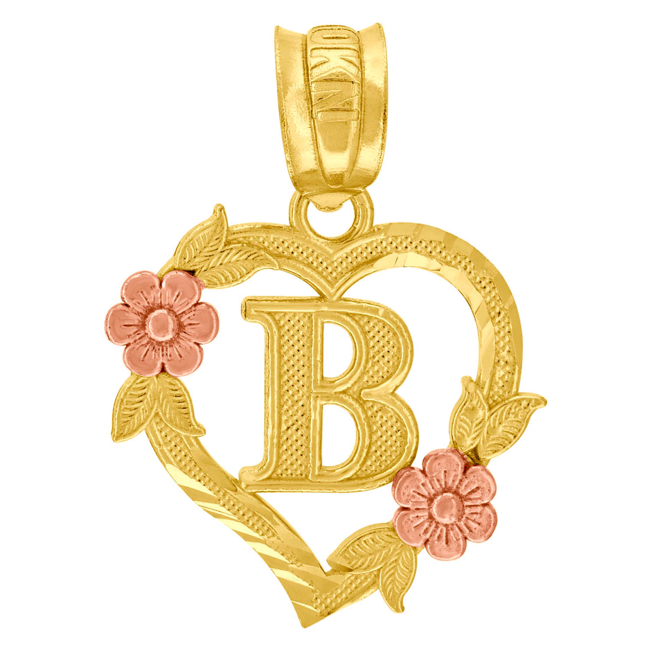 10kt Two-Tone Gold Womens Heart Flower Initial Letter B Charm Pendant