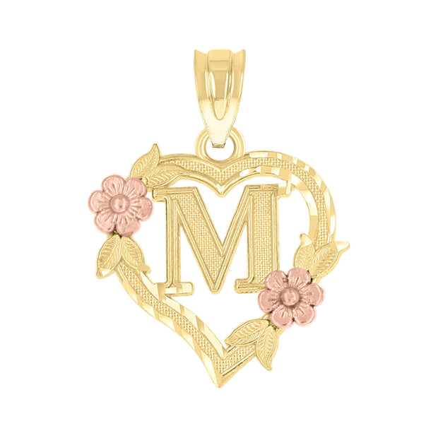 10kt Two-Tone Gold Womens Heart Flower Initial Letter M Charm Pendant