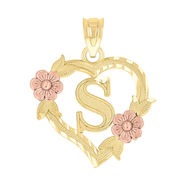 10kt Two-Tone Gold Womens Heart Flower Initial Letter S Charm Pendant