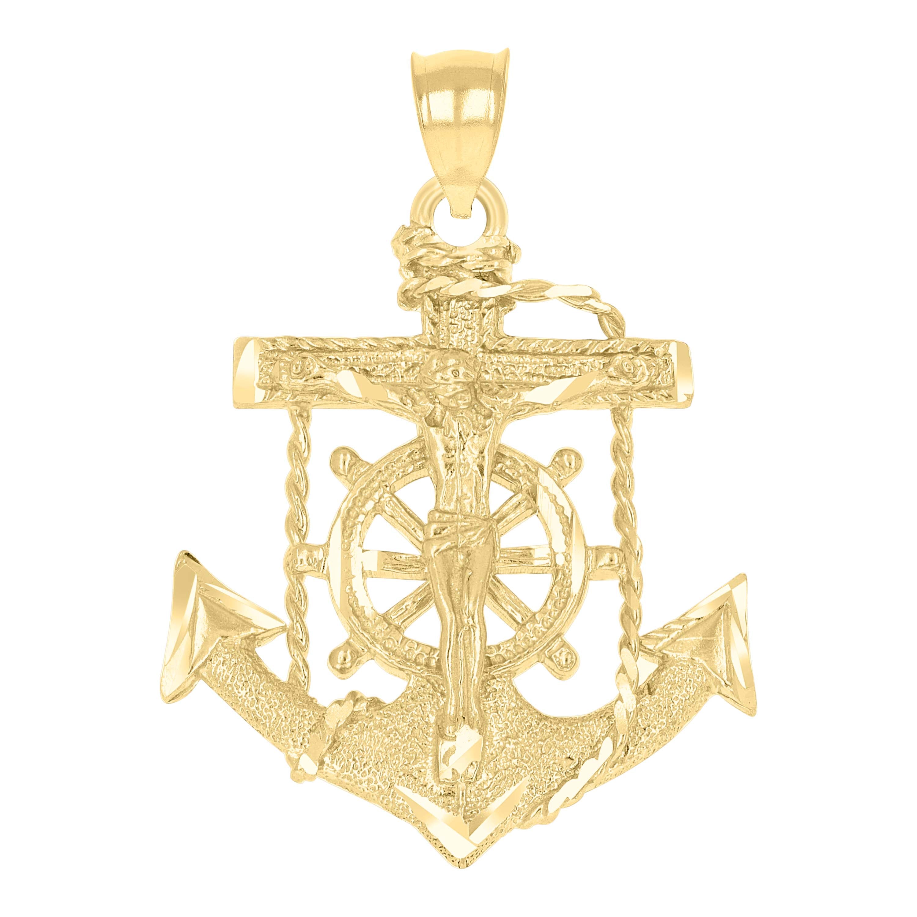 10kt Yellow Gold Diamond-Cut Womens Anchor Cross Crucifix Charm Pendant