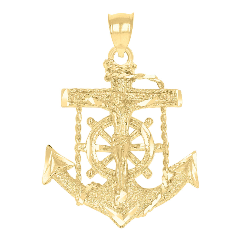10kt Yellow Gold Diamond-Cut Womens Anchor Cross Crucifix Charm Pendant