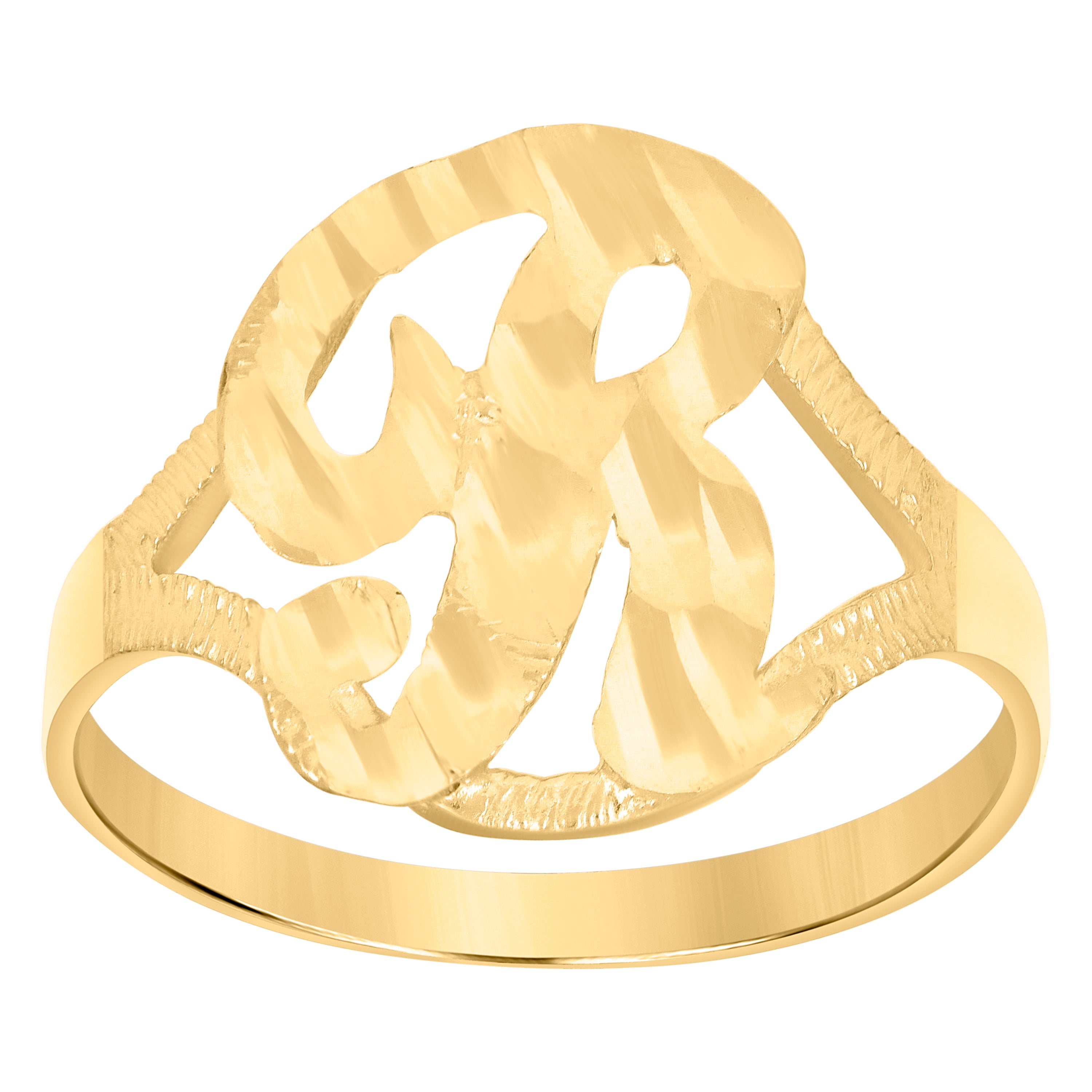 10kt Yellow Gold Womens Diamond-Cut Textured Initial Letter R Band Ring