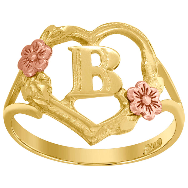 10Kt Two-Tone Gold Womens Dc Textured Initial Letter B Heart Band Ring