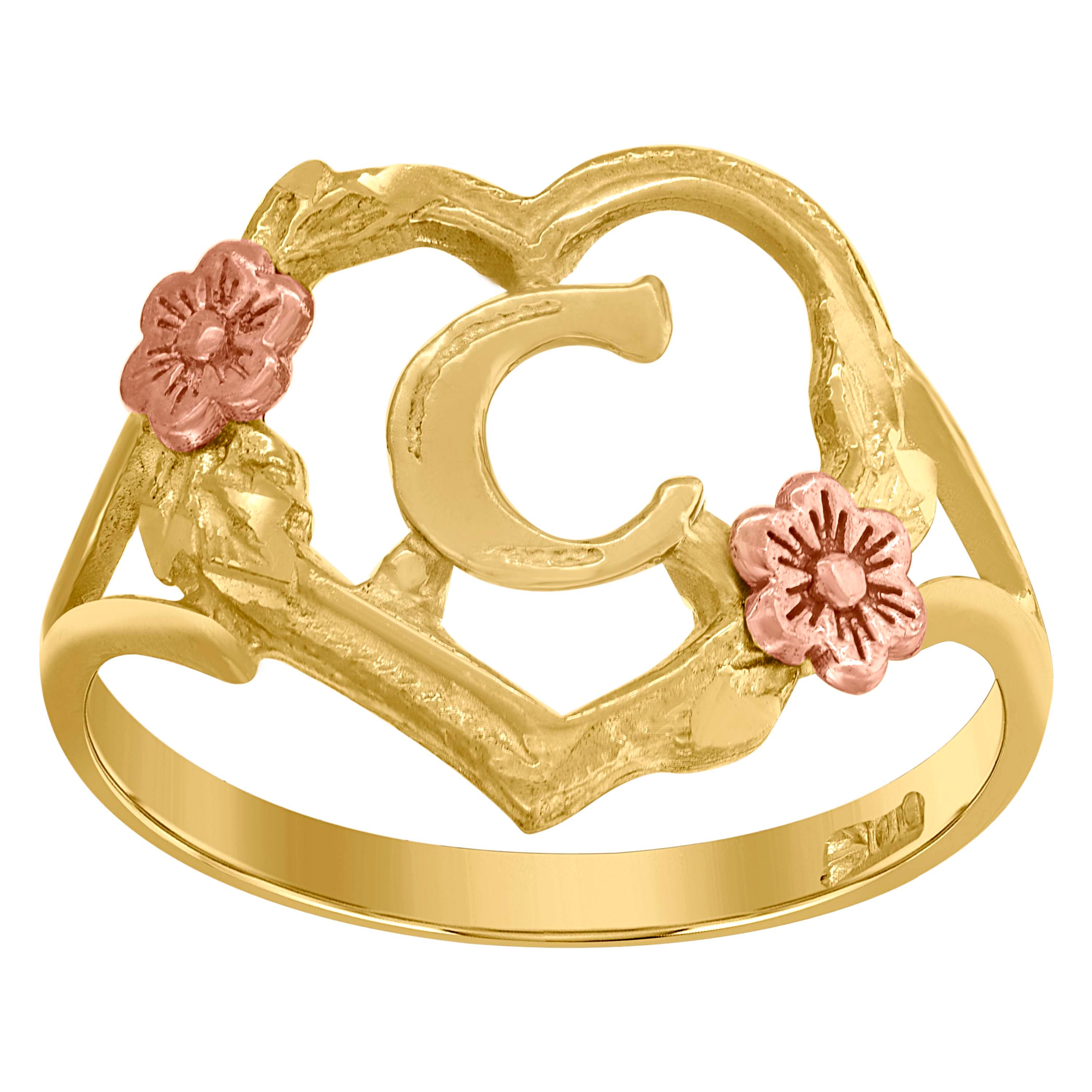 10Kt Two-Tone Gold Womens Dc Textured Initial Letter C Heart Band Ring