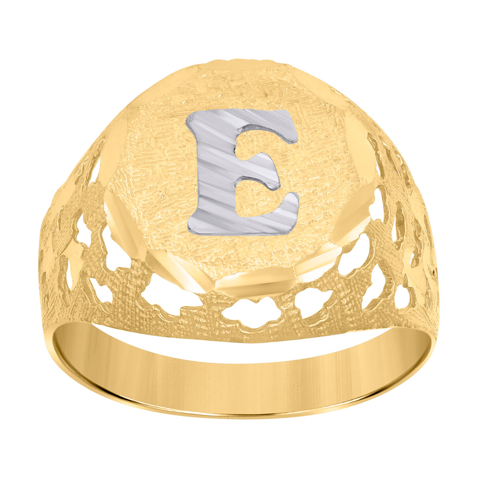 10kt Two-Tone Gold Mens Diamond-Cut Textured Initial Letter E Band Ring