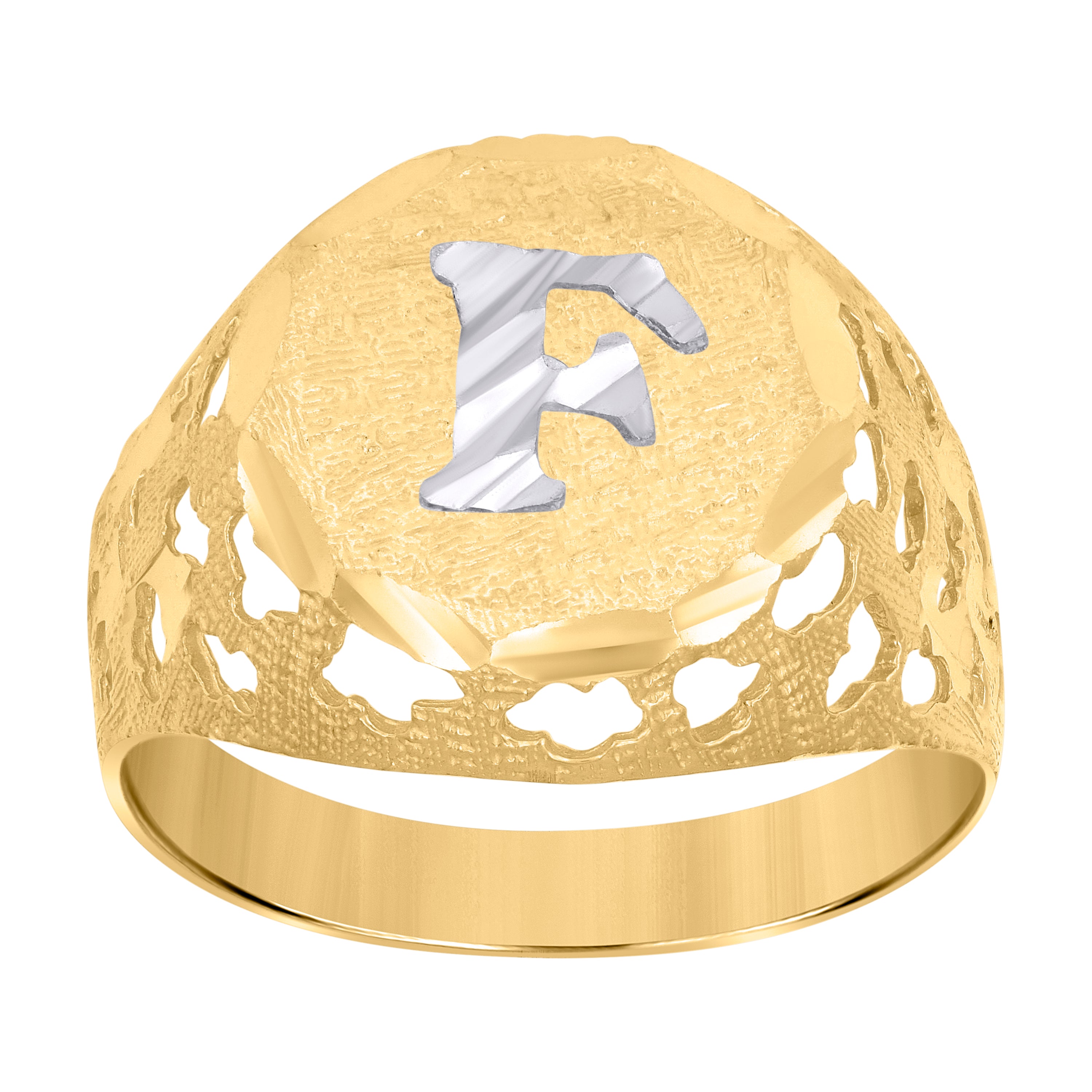 10kt Two-Tone Gold Mens Diamond-Cut Textured Initial Letter F Band Ring