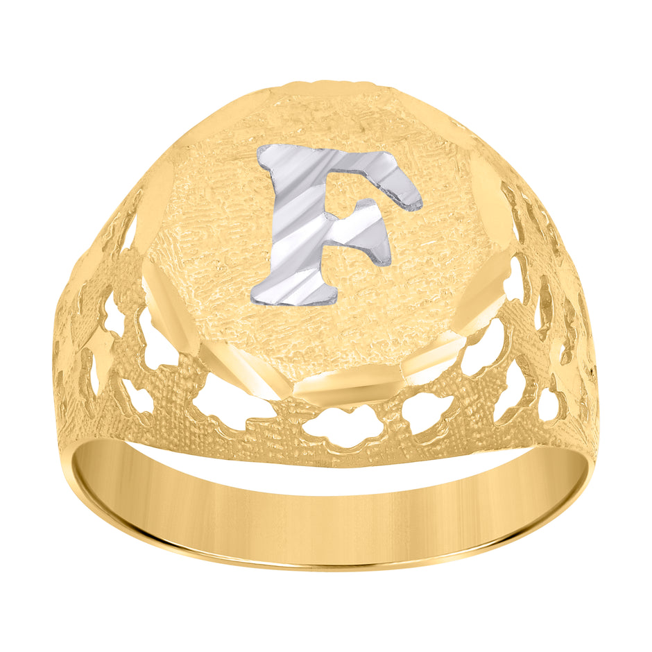 10kt Two-Tone Gold Mens Diamond-Cut Textured Initial Letter F Band Ring