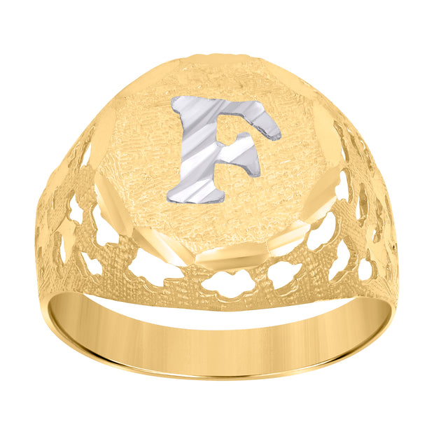 10kt Two-Tone Gold Mens Diamond-Cut Textured Initial Letter F Band Ring