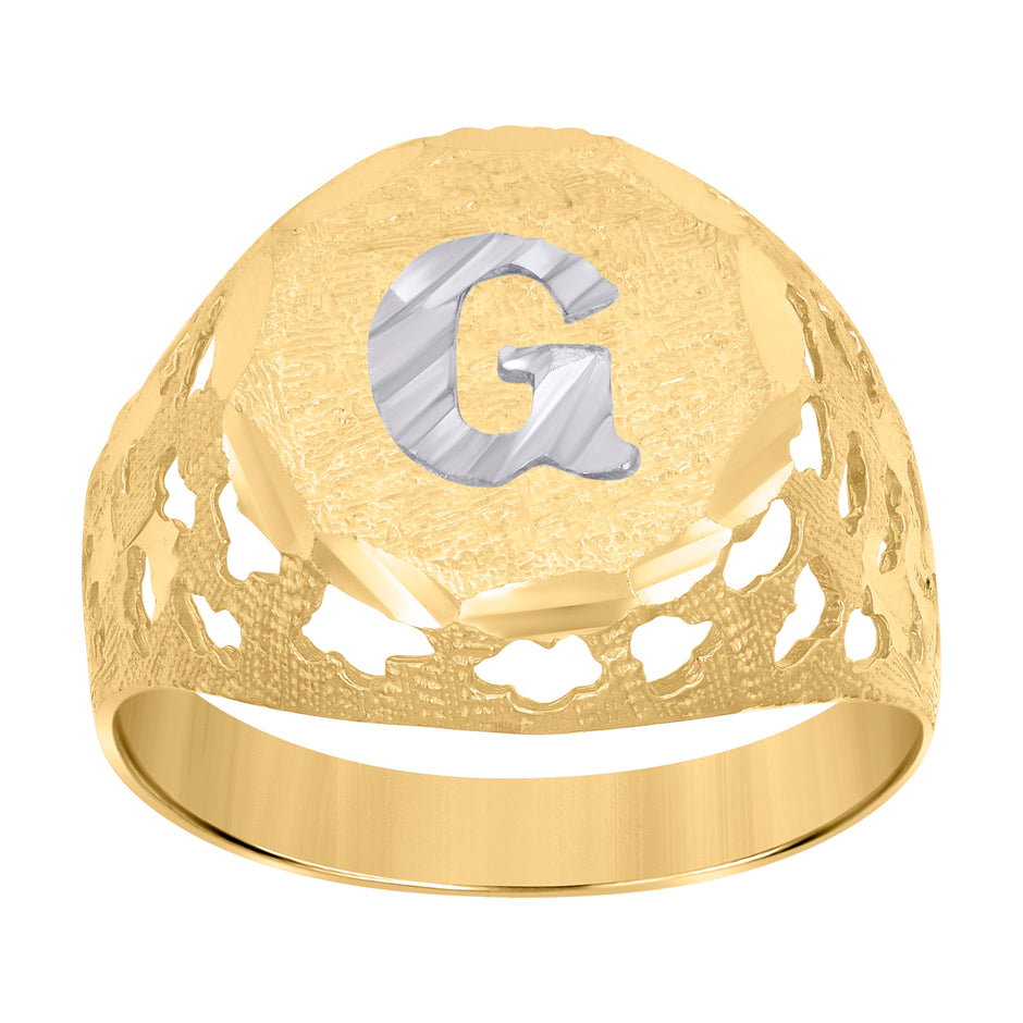 10kt Two-Tone Gold Mens Diamond-Cut Textured Initial Letter G Band Ring