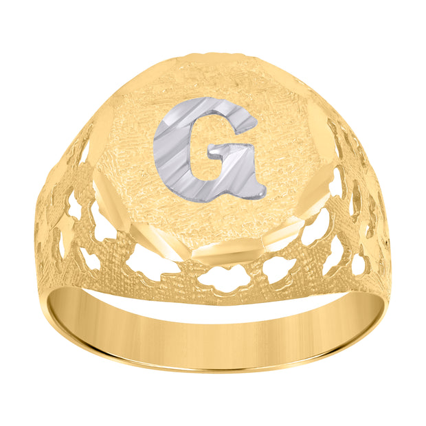 10kt Two-Tone Gold Mens Diamond-Cut Textured Initial Letter G Band Ring