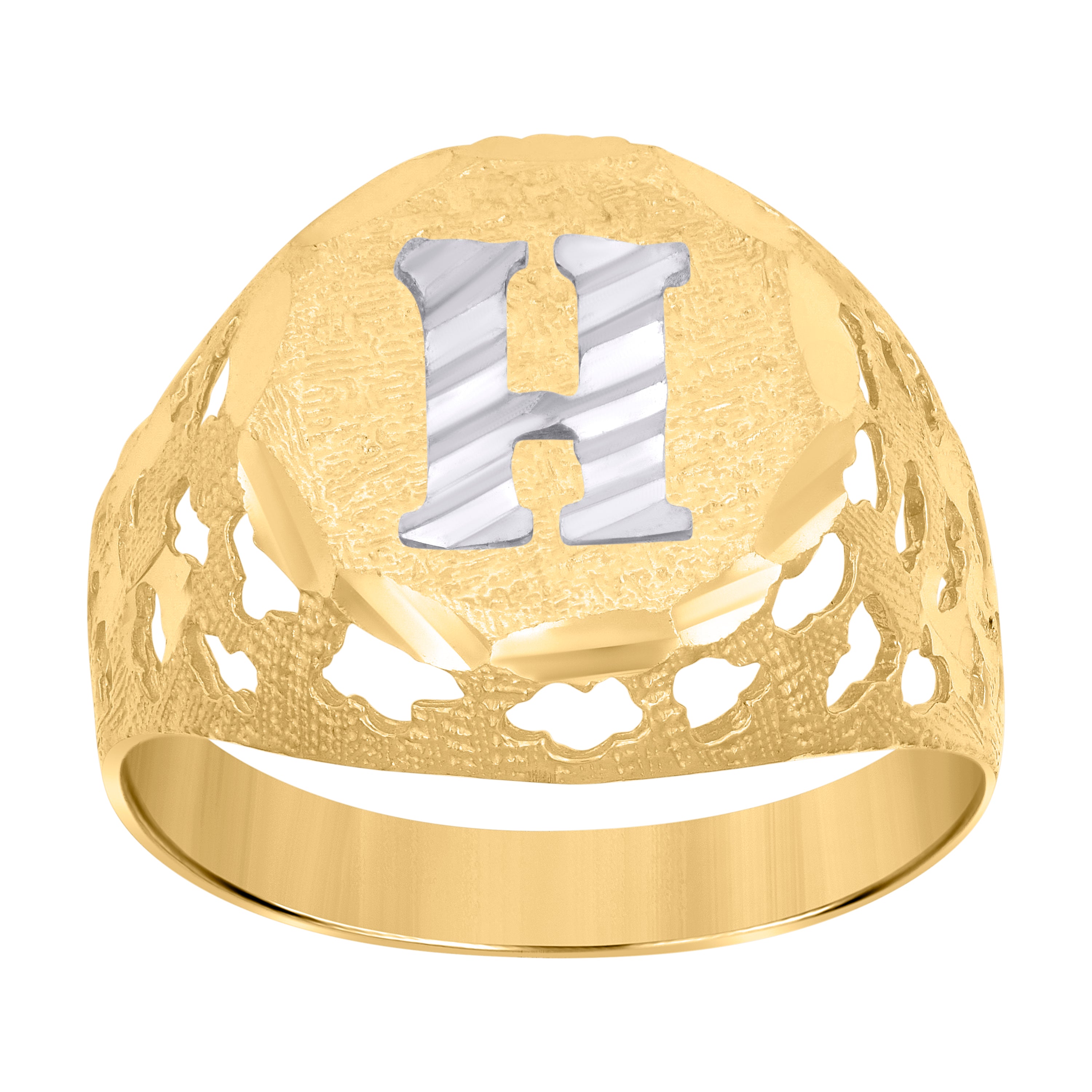 10kt Two-Tone Gold Mens Diamond-Cut Textured Initial Letter H Band Ring
