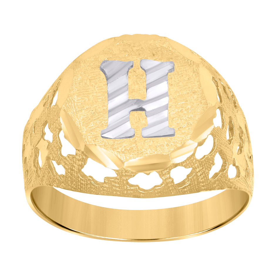 10kt Two-Tone Gold Mens Diamond-Cut Textured Initial Letter H Band Ring