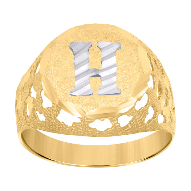 10kt Two-Tone Gold Mens Diamond-Cut Textured Initial Letter H Band Ring