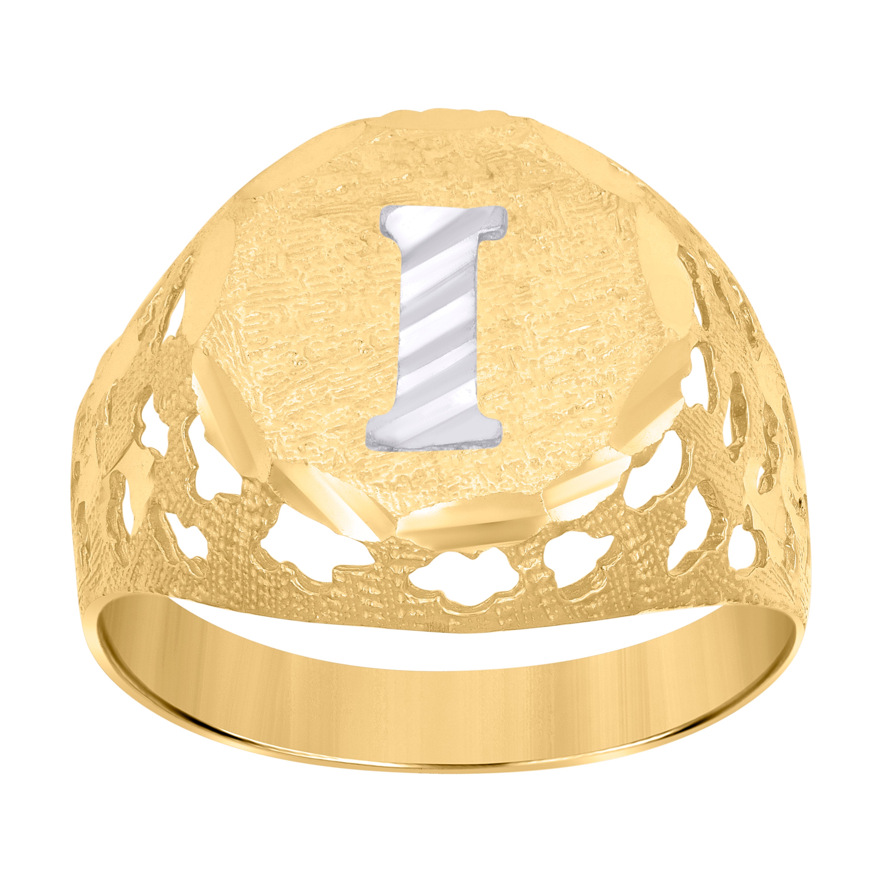 10kt Two-Tone Gold Mens Diamond-Cut Textured Initial Letter I Band Ring