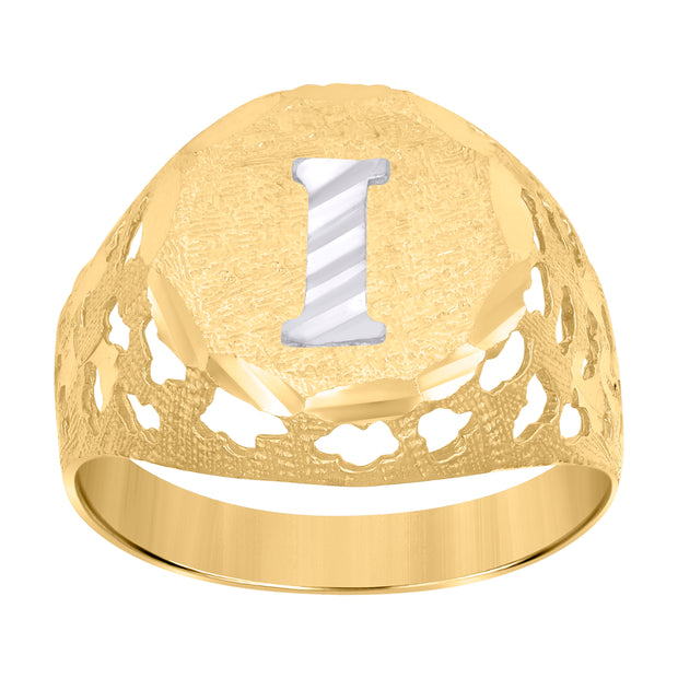 10kt Two-Tone Gold Mens Diamond-Cut Textured Initial Letter I Band Ring