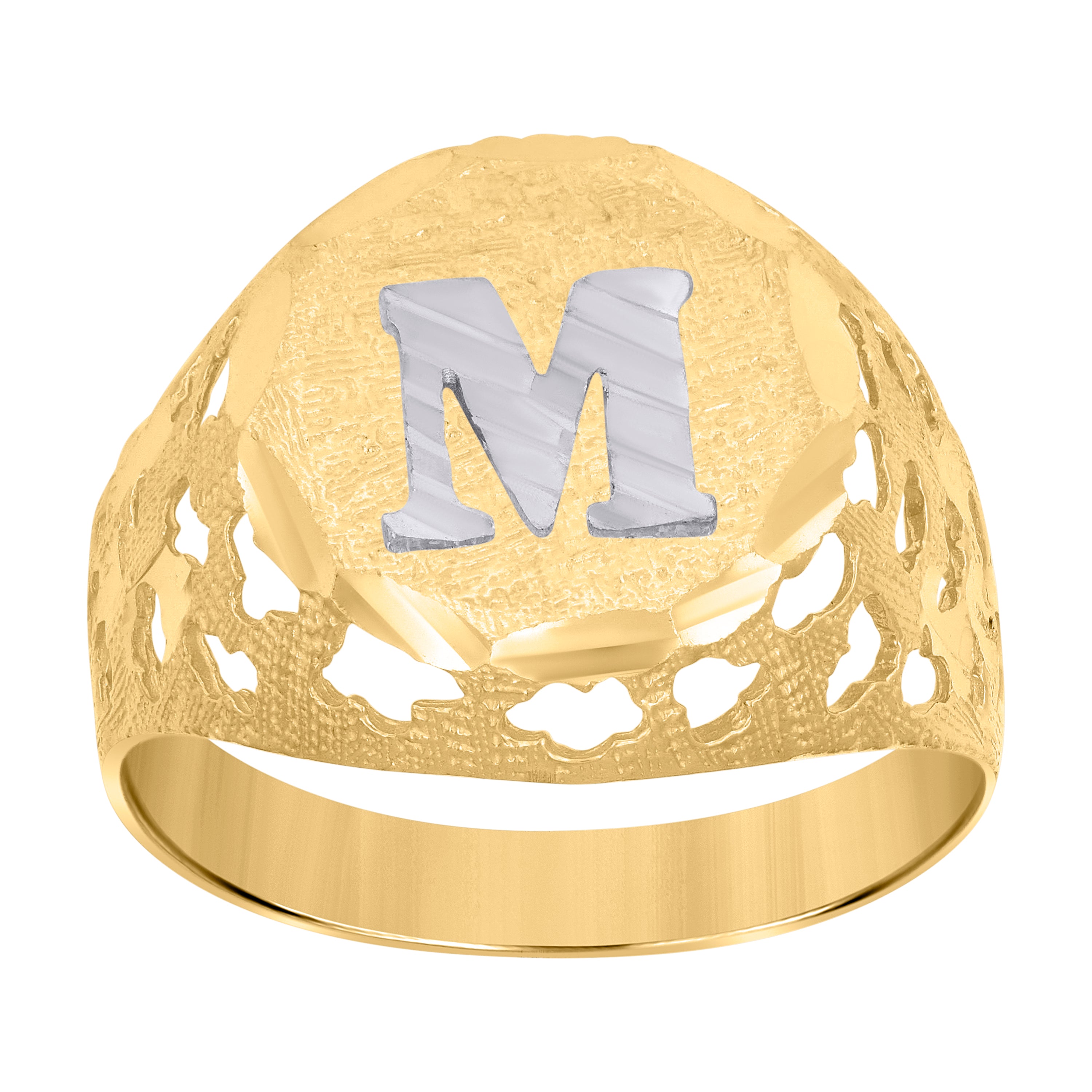 10kt Two-Tone Gold Mens Diamond-Cut Textured Initial Letter M Band Ring