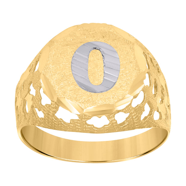 10kt Two-Tone Gold Mens Diamond-Cut Textured Initial Letter O Band Ring