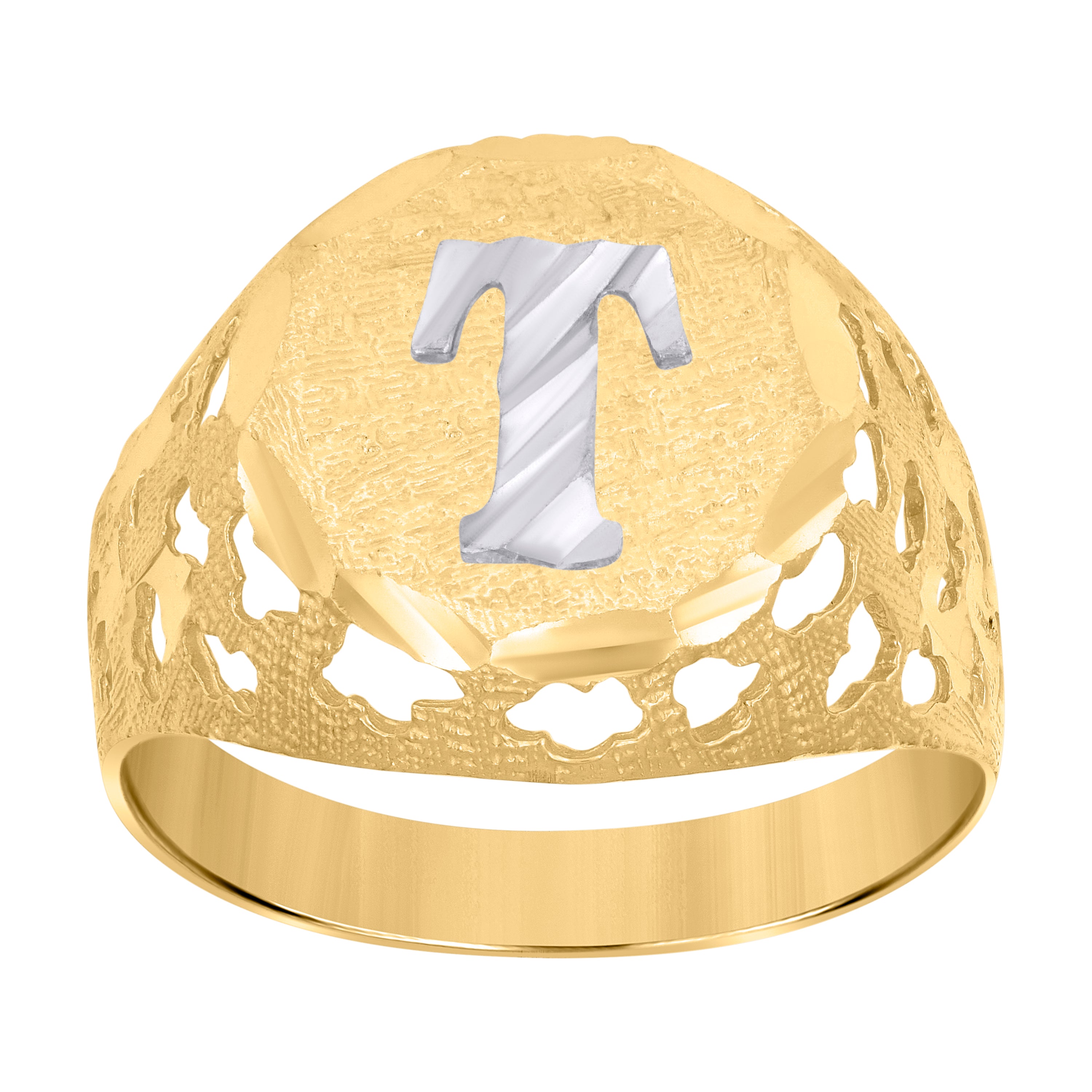 10kt Two-Tone Gold Mens Diamond-Cut Textured Initial Letter T Band Ring