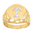 10kt Two-Tone Gold Mens Diamond-Cut Textured Initial Letter T Band Ring