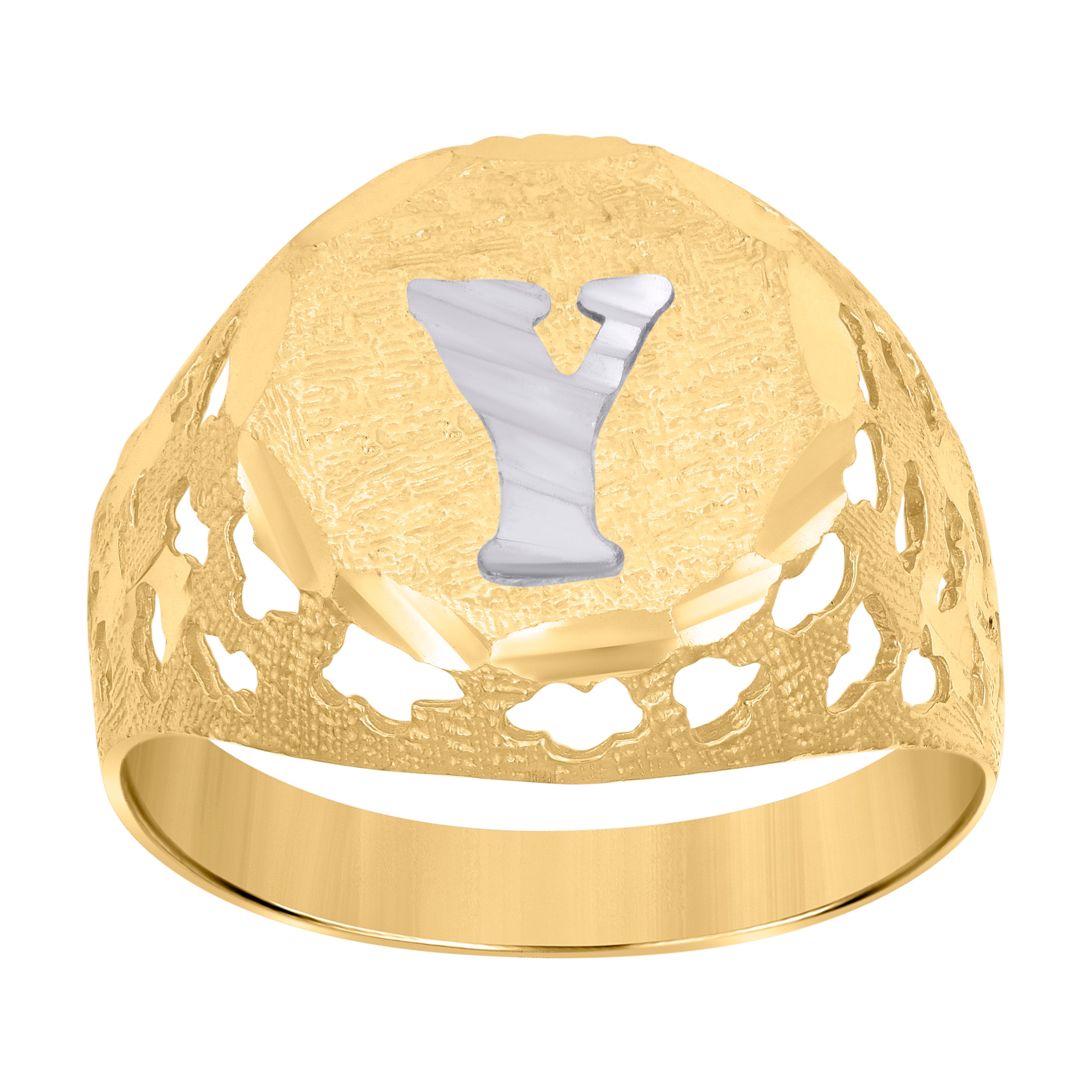 10kt Two-Tone Gold Mens Diamond-Cut Textured Initial Letter Y Band Ring