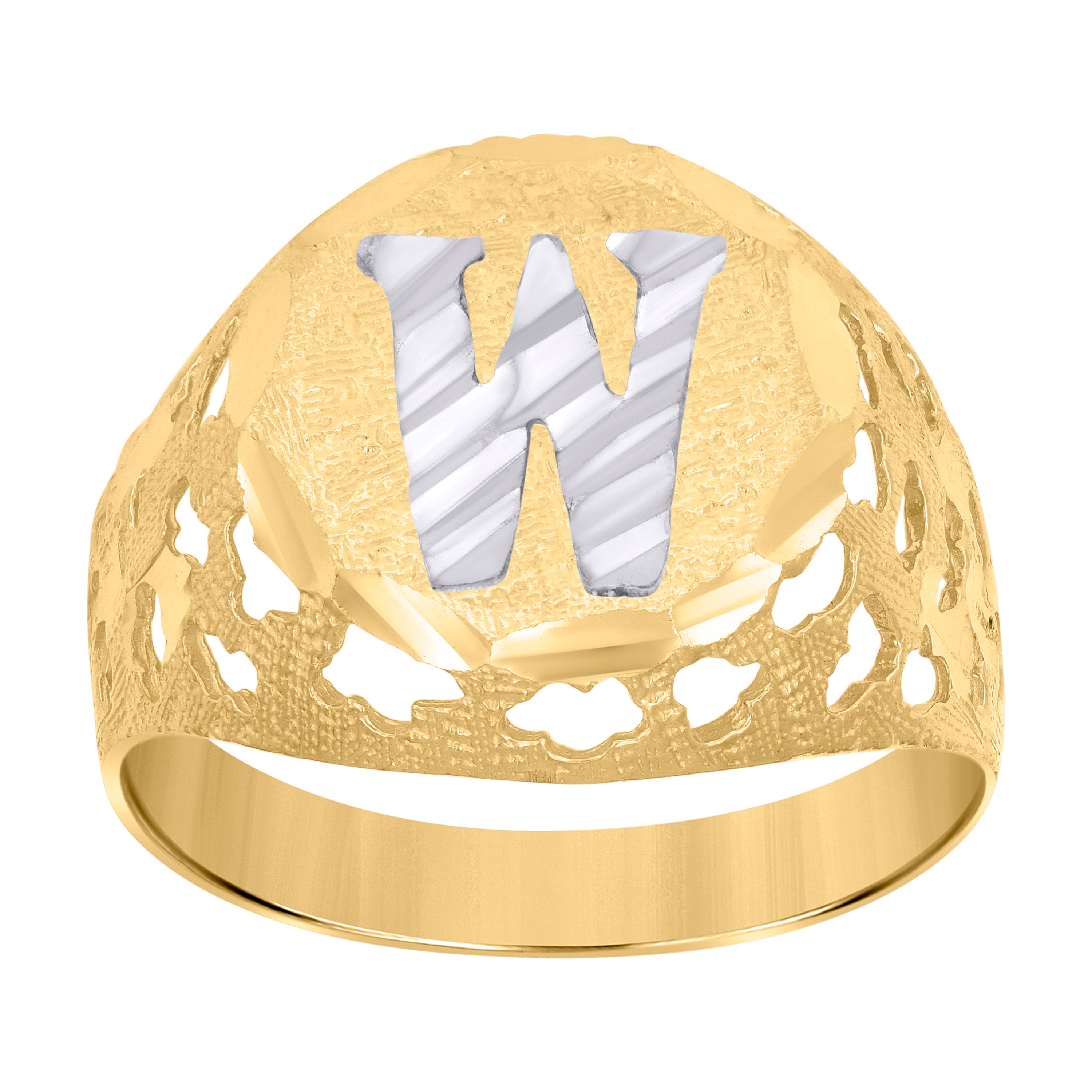 10kt Two-Tone Gold Mens Diamond-Cut Textured Initial Letter W Band Ring