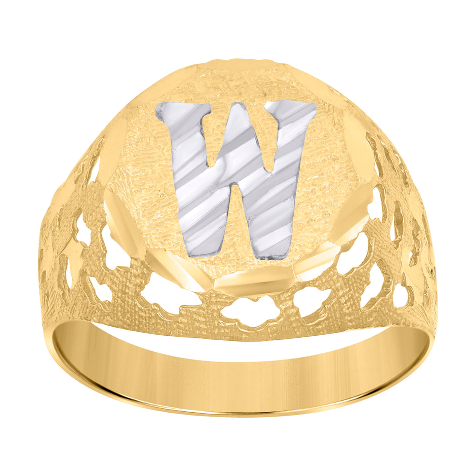 10kt Two-Tone Gold Mens Diamond-Cut Textured Initial Letter W Band Ring