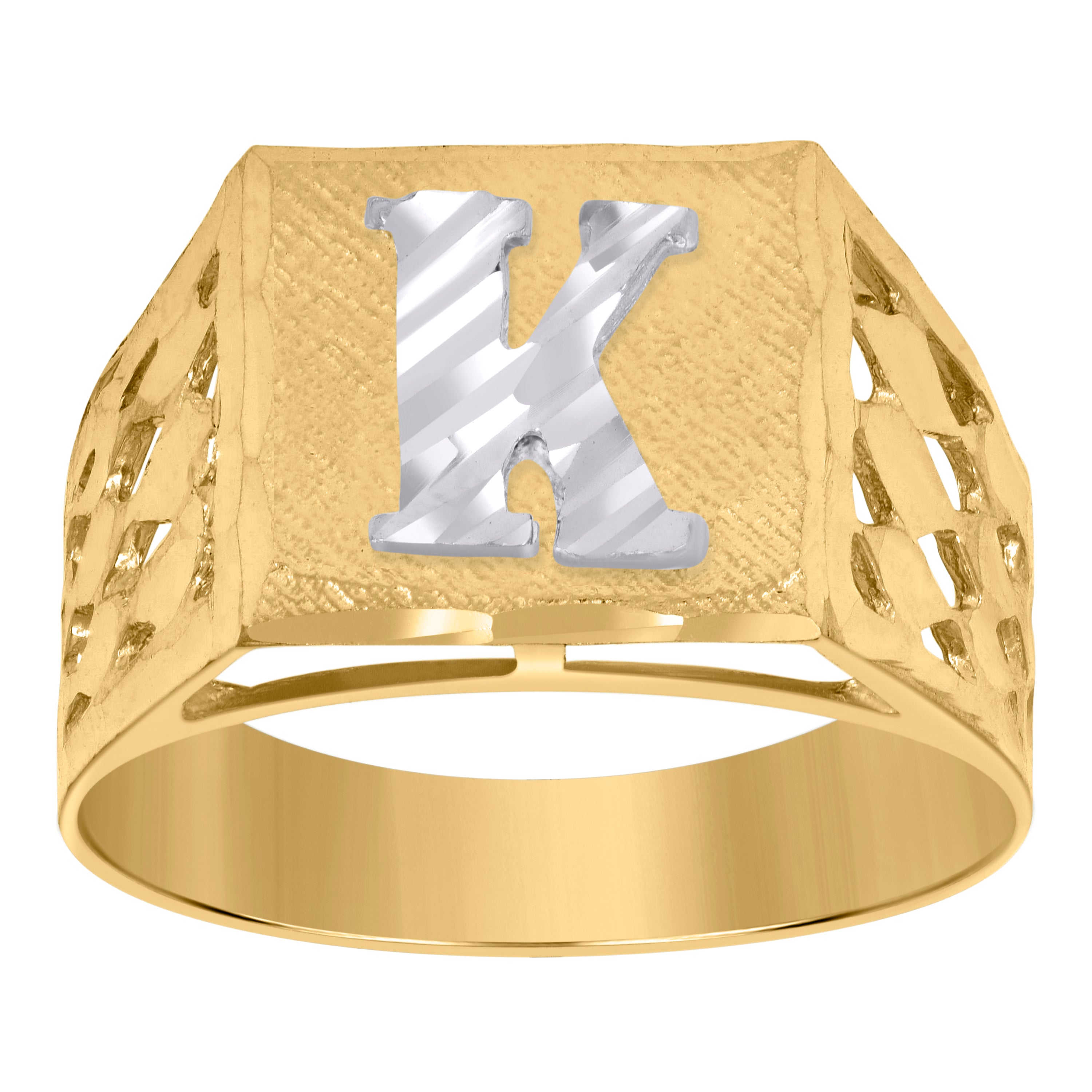 10kt Two-Tone Gold Mens Diamond-Cut Textured Initial Letter K Band Ring